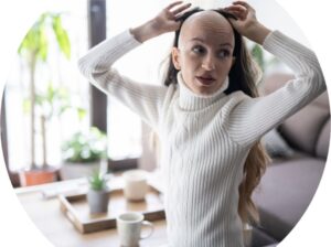 woman removing wig